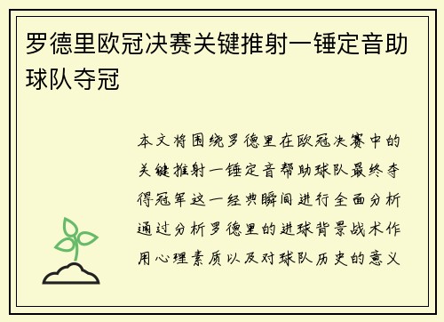 罗德里欧冠决赛关键推射一锤定音助球队夺冠