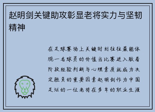 赵明剑关键助攻彰显老将实力与坚韧精神